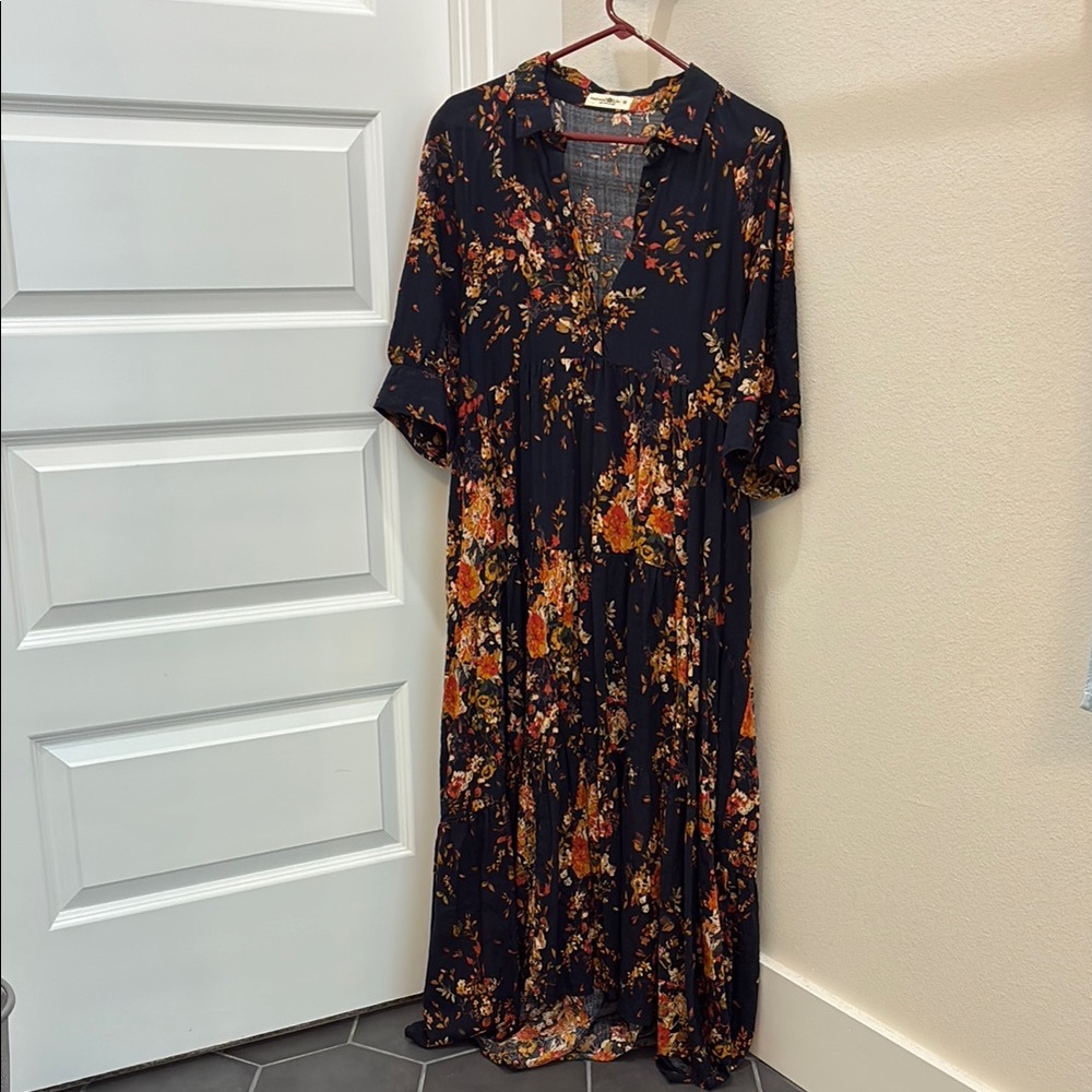 NATURAL LIFE Blue and Orange Maxi Sundress with Notched Collar